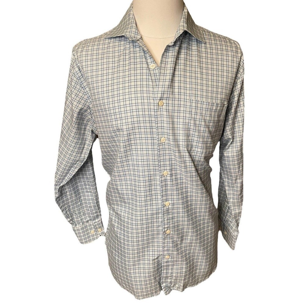 Peter Millar Nanoluxe Easycare Blue/White Plaid Button Up Shirt Men’s 16.5 Long